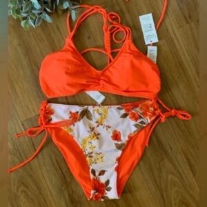 ~Vibrant Orange Floral Bikini Set Reversible Bottoms~
